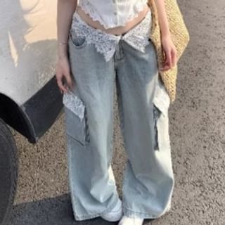 Leg Camisole Top Trim Wide Button-Up Crop Low Cargo Lace Panel Rise / Jeans Washed