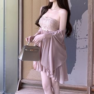 Bow Lace Accent A-Line Plain Shawl Dress Strapless Panel Mini /