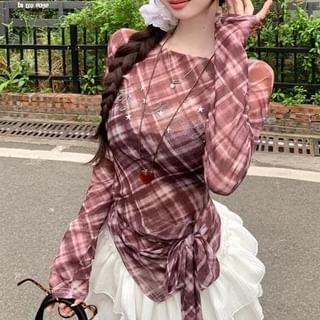 Sheer Neck Asymmetrical Plaid Boat Long-Sleeve T-Shirt