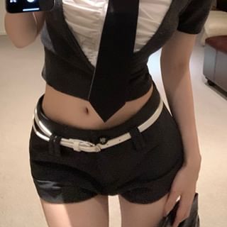 Collared Rise Top / Ruched Shorts Necktie Mock Piece Sleeve Plain Crop Mid Two Short