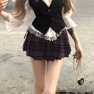 Puff-Sleeve / Blouse Skirt Mini Lace Cami Button-Up A-Line High Striped Top Waist Pleated Plaid Plain Trim