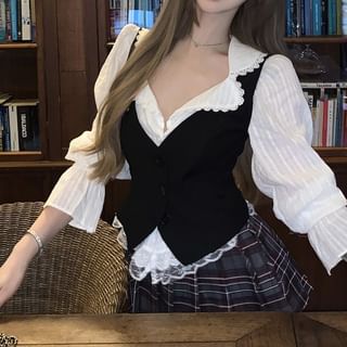 Puff-Sleeve / Blouse Skirt Mini Lace Cami Button-Up A-Line High Striped Top Waist Pleated Plaid Plain Trim