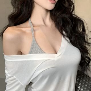 Neck Plain Top Long-Sleeve / Halter V-Neck Tee Scoop
