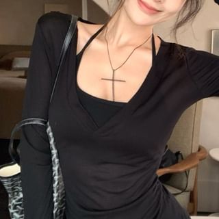 Neck Plain Top Long-Sleeve / Halter V-Neck Tee Scoop