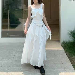 A-Line / Trim Ruffle Fit Midi Skirt Elastic Tank Top Slim Asymmetrical Plain Waist