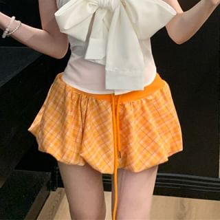 A-Line Tube Plaid Drawstring Waist Skirt Top Plain / Balloon Bow Mini