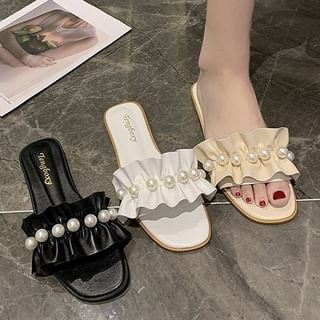 Slide Sandals Pearl Ruffle Faux