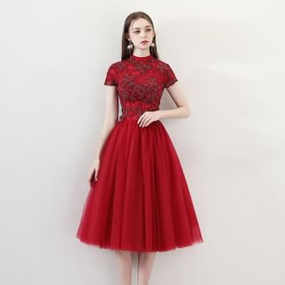 Short-Sleeve Mock Neck Lace Panel Evening Gown / Cocktail Dress