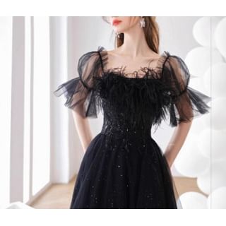 Short Sleeve Square Neck Plain Feather Panel Mesh A-Line Evening Gown