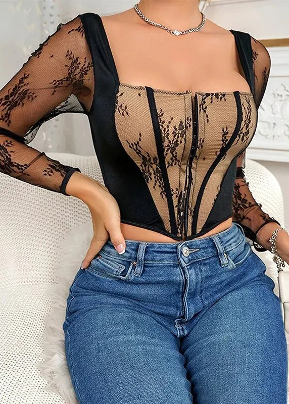 Out Fitting Patchwork Casual Top Lace Design Hollow Tight Black