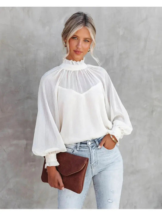 Ladies White Patchwork Lantern Sleeve Blouse AD300