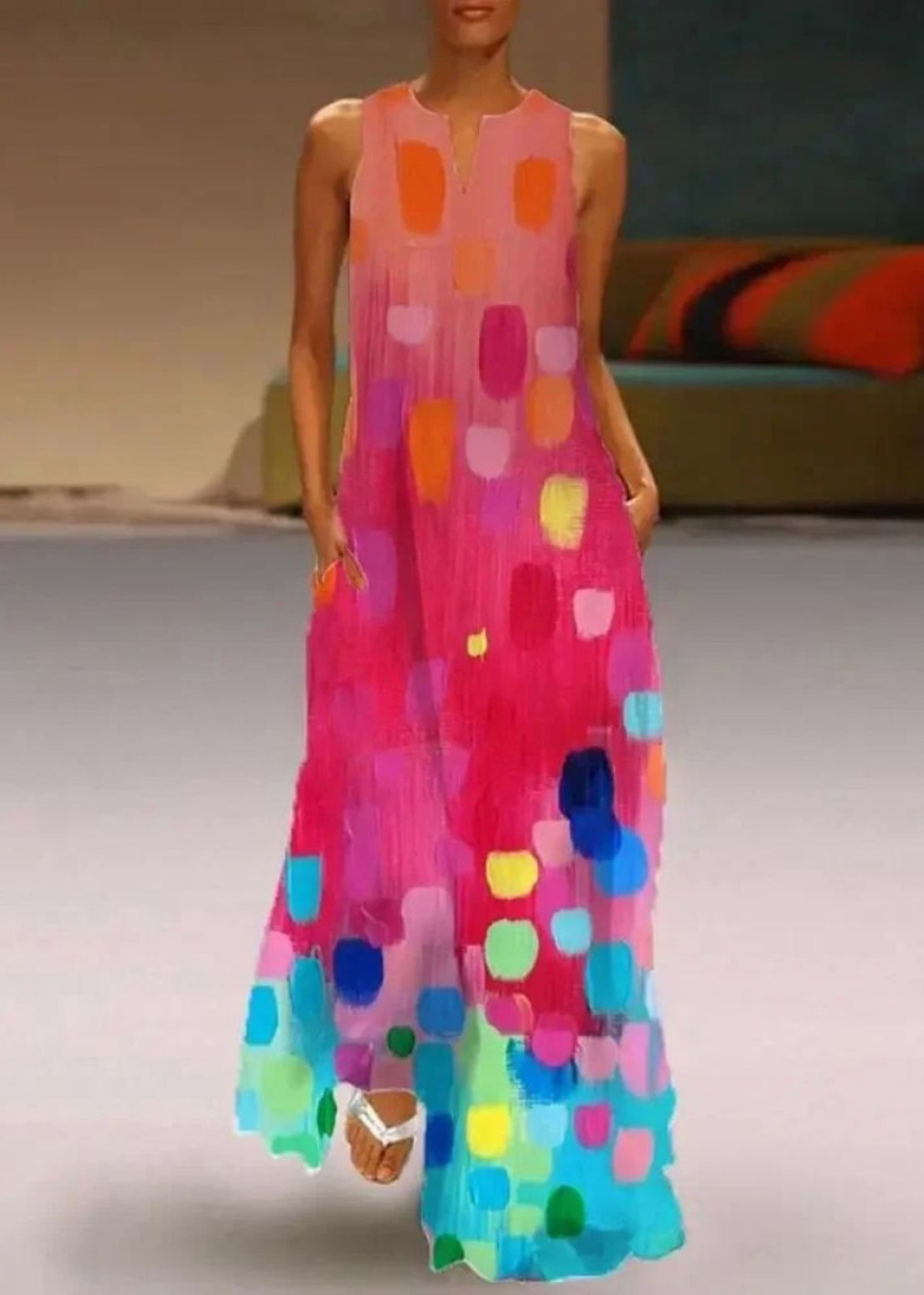 Dress Red Sleeveless Ladies' Printed Maxi V-Neck