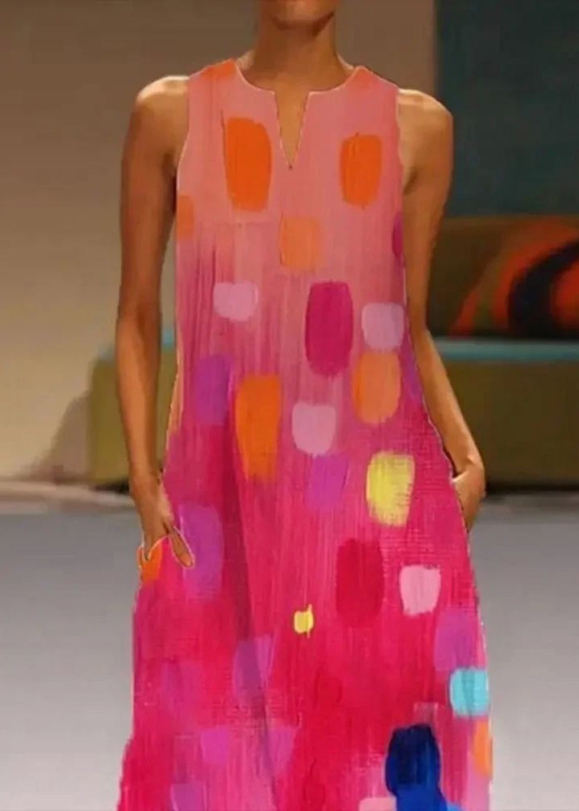 Dress Red Sleeveless Ladies' Printed Maxi V-Neck