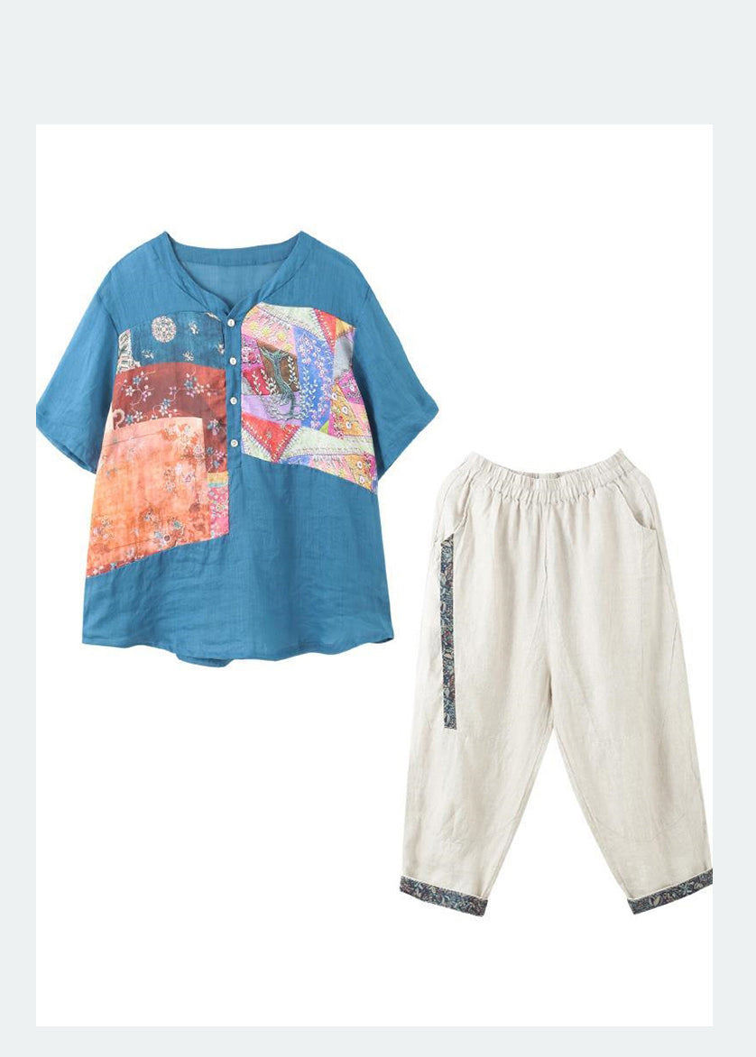 Two Set Lake Piece Summer Print Oversized Blue Linen