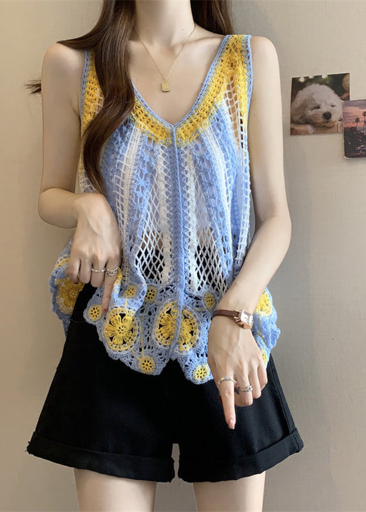 Knit Light Hollow Sleeveless Top Blue Out