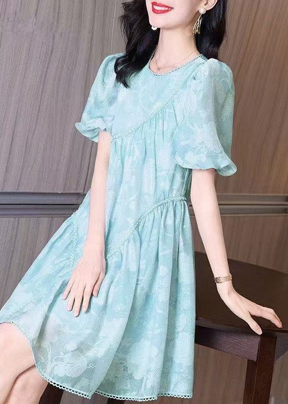 Mid Blue O-Neck Puff Light Wrinkled Sleeve Dress