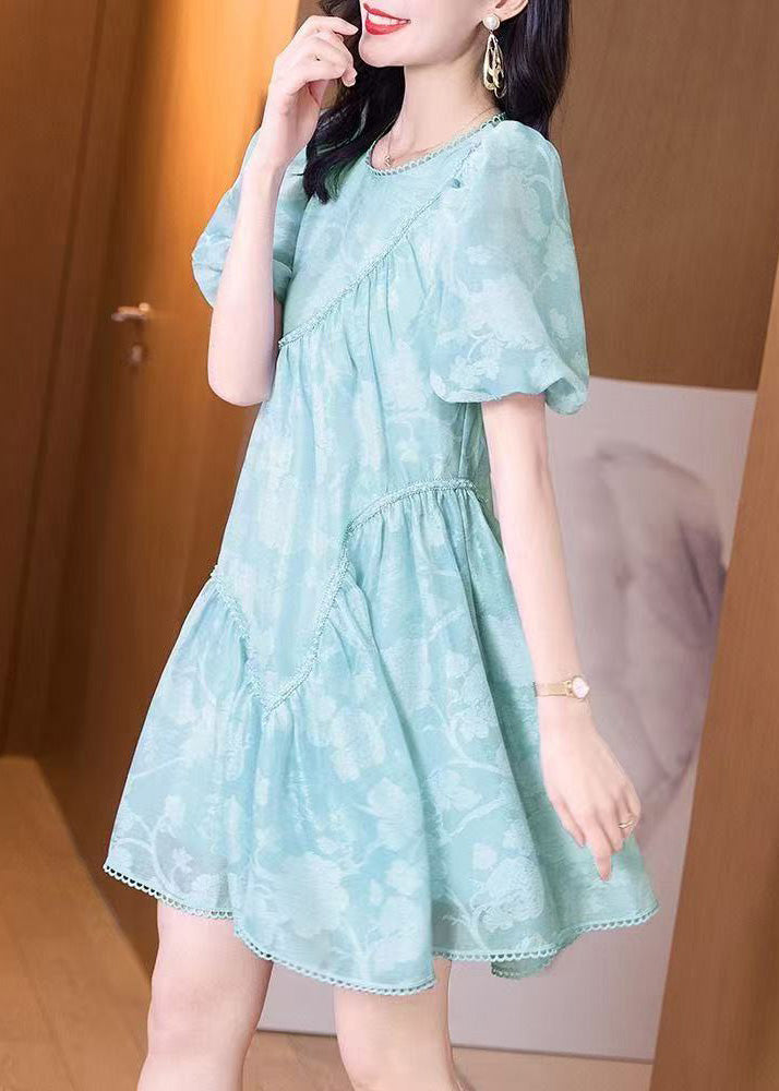 Mid Blue O-Neck Puff Light Wrinkled Sleeve Dress