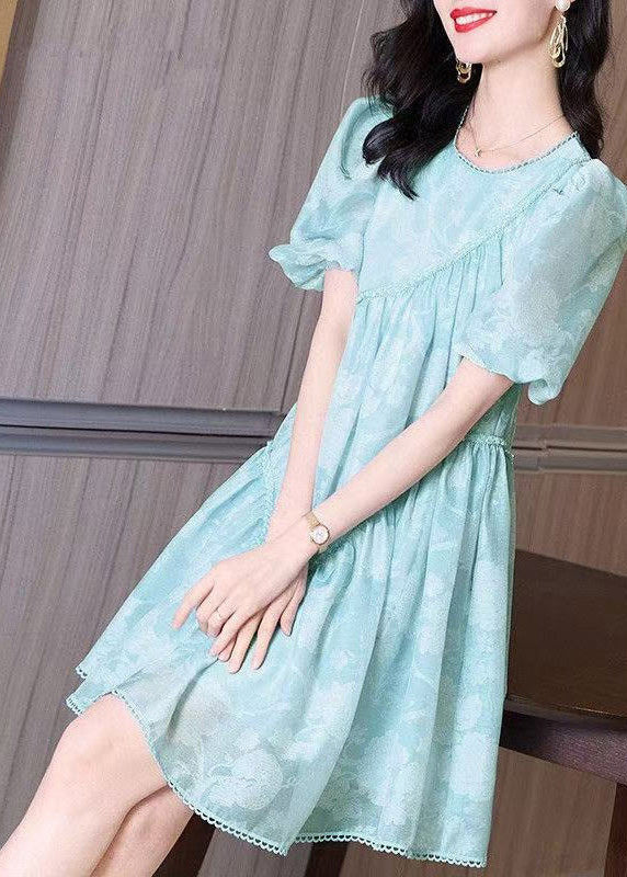 Mid Blue O-Neck Puff Light Wrinkled Sleeve Dress