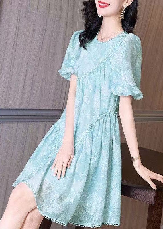 Mid Blue O-Neck Puff Light Wrinkled Sleeve Dress