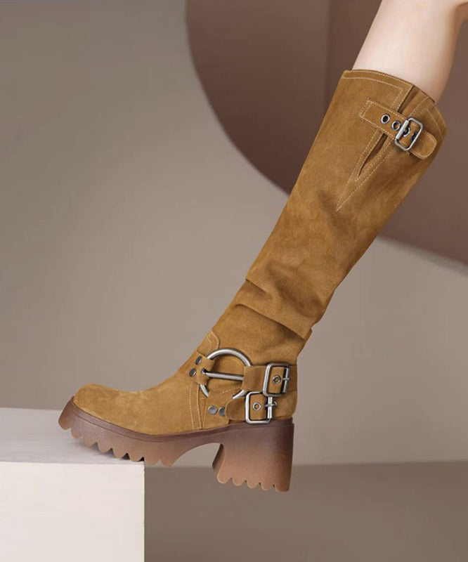 Splicing Camel Suede Chunky Light Boots Heel Buckle