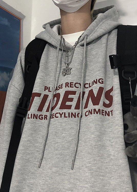 Light Grey Print Pockets Cotton Sweatshirt Men Hooded Spring YQ035