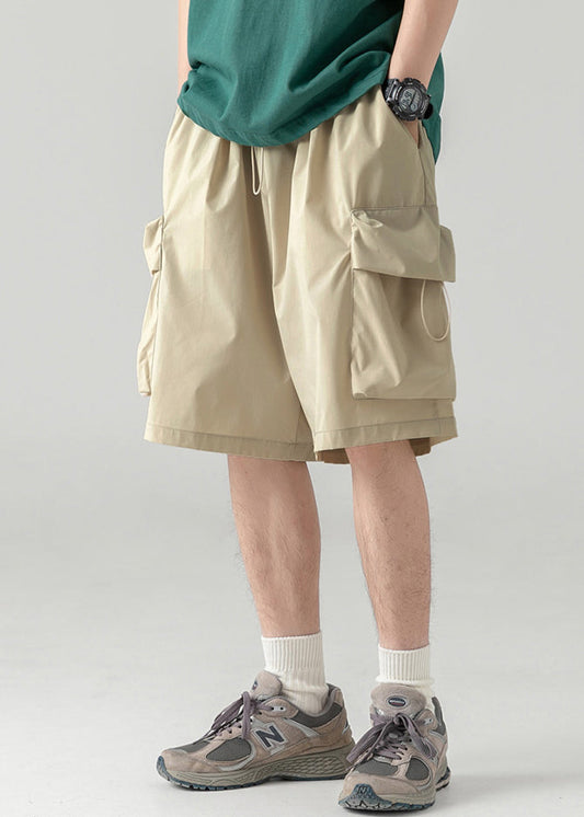 Mens Elastic Shorts Khaki Drawstring Waist Cotton Light Summer
