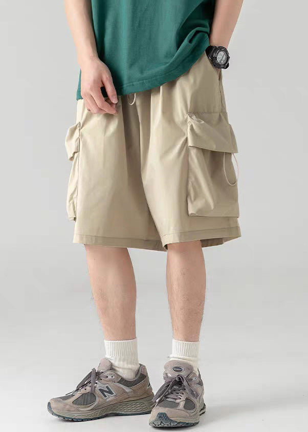 Mens Elastic Shorts Khaki Drawstring Waist Cotton Light Summer