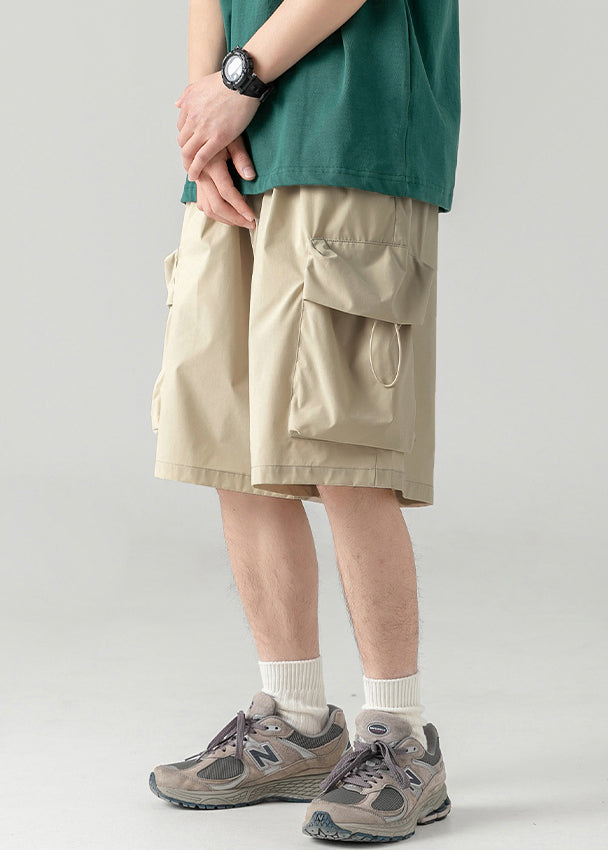 Mens Elastic Shorts Khaki Drawstring Waist Cotton Light Summer