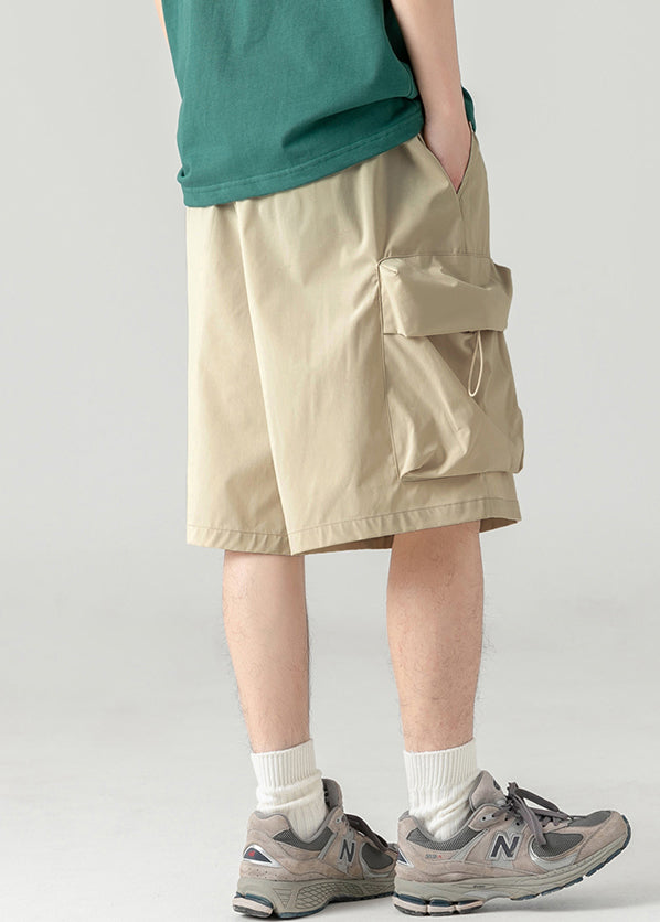 Mens Elastic Shorts Khaki Drawstring Waist Cotton Light Summer