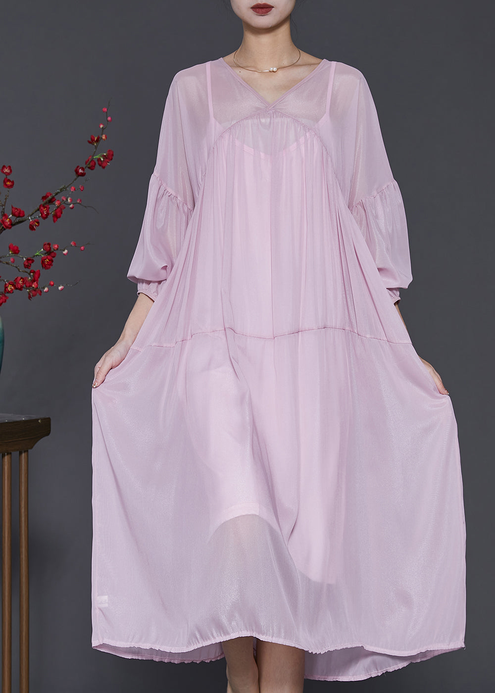 Light Purple Chiffon Dress Two Pieces Set Oversized Lantern Sleeve SD1009