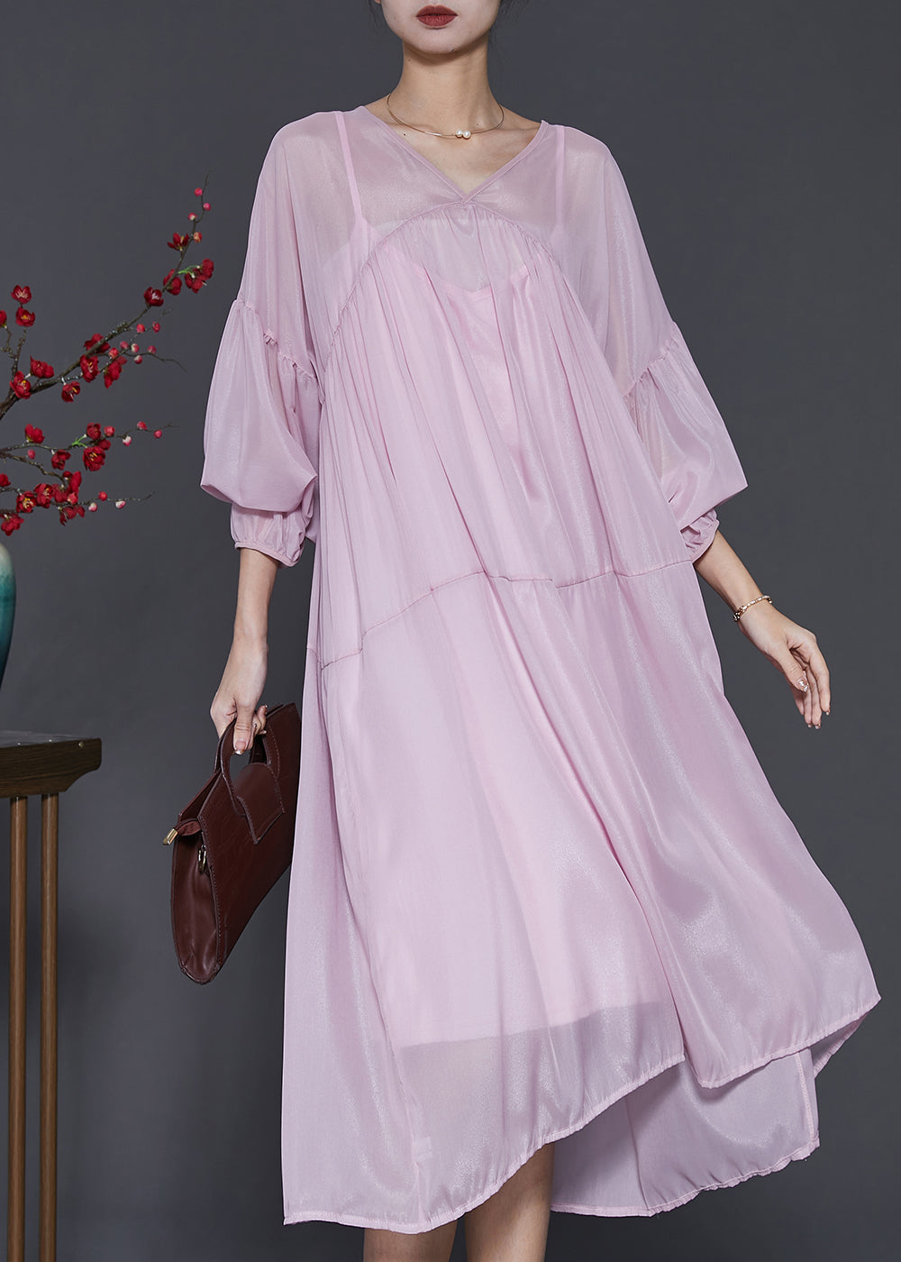 Light Purple Chiffon Dress Two Pieces Set Oversized Lantern Sleeve SD1009