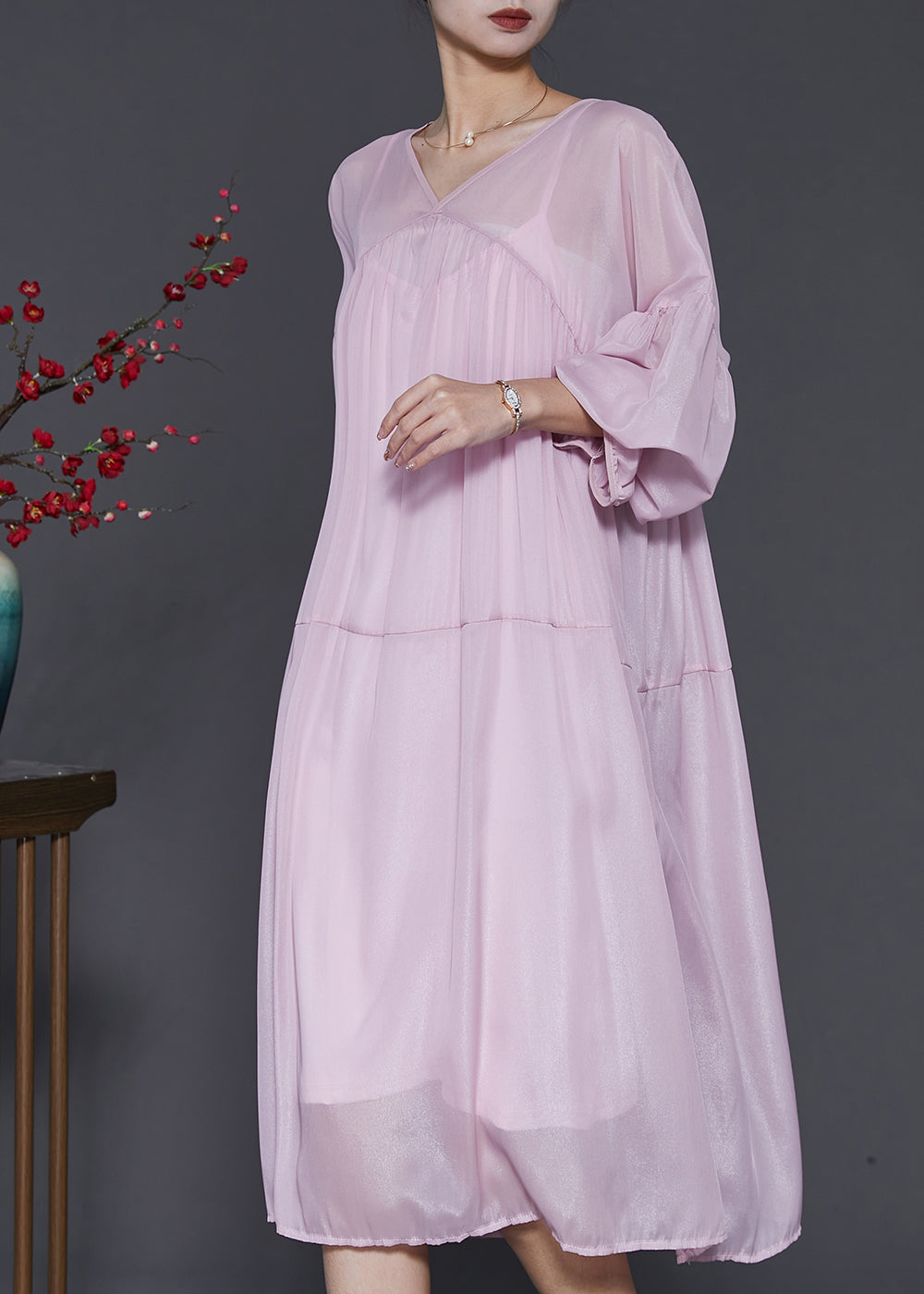 Light Purple Chiffon Dress Two Pieces Set Oversized Lantern Sleeve SD1009