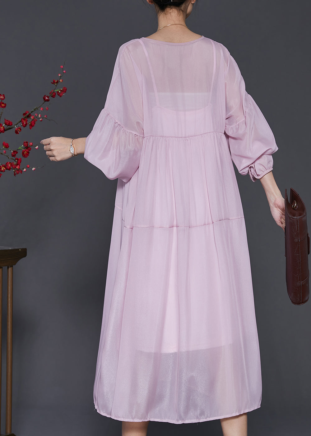 Light Purple Chiffon Dress Two Pieces Set Oversized Lantern Sleeve SD1009