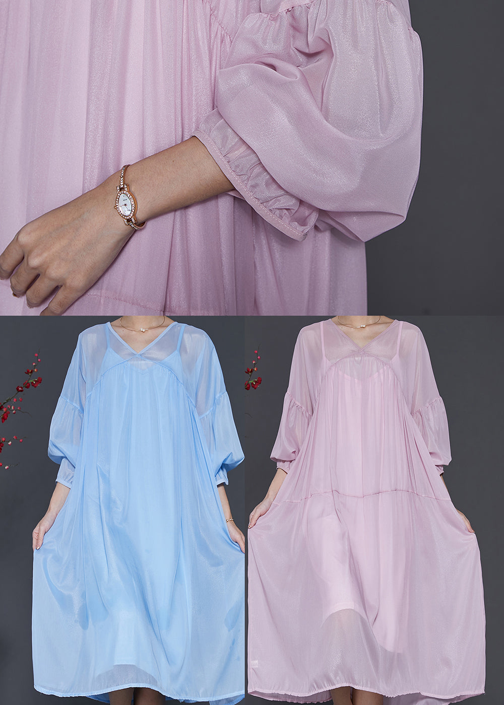 Light Purple Chiffon Dress Two Pieces Set Oversized Lantern Sleeve SD1009