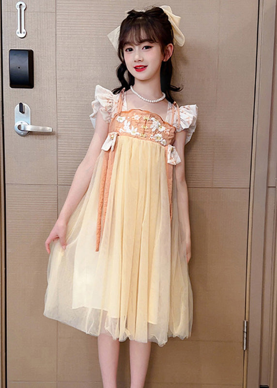 Light Yellow Square Collar Patchwork Tulle Girls Long Dresses Summer GF021