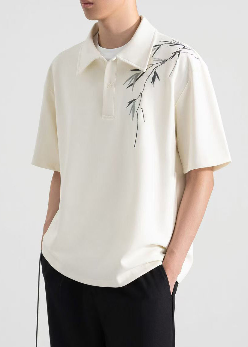 Loose Print Polo Button Apricot Shirt Cotton Mens Summer