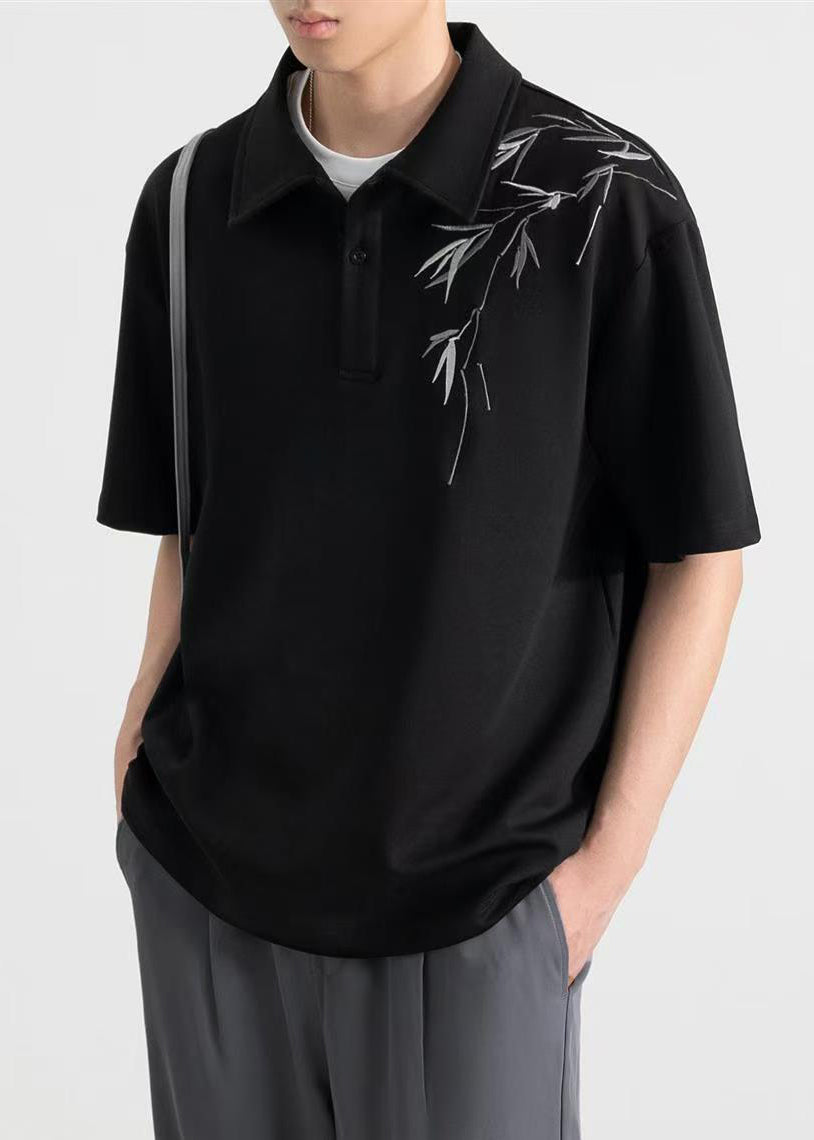 Loose Print Polo Button Apricot Shirt Cotton Mens Summer