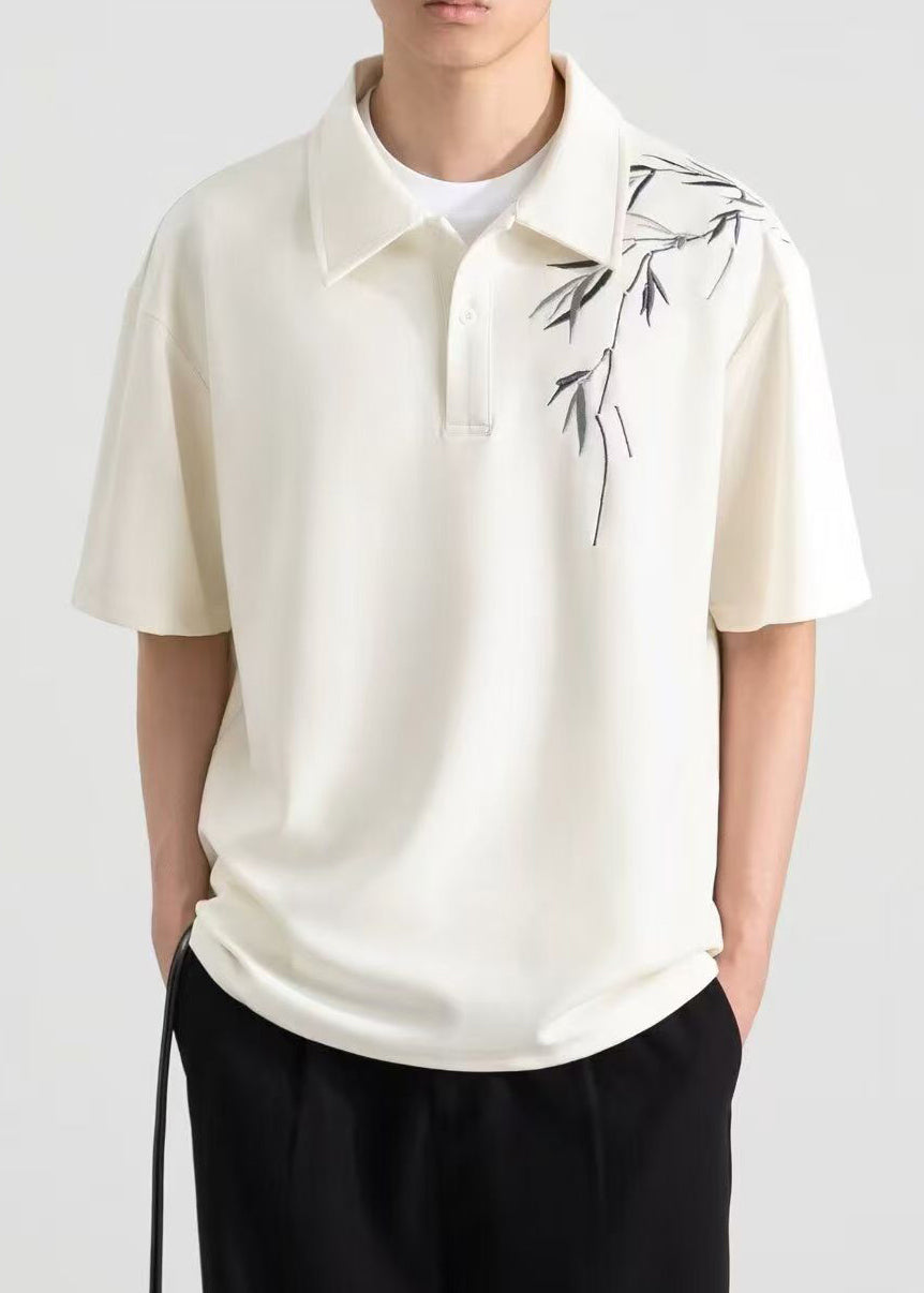 Loose Print Polo Button Apricot Shirt Cotton Mens Summer