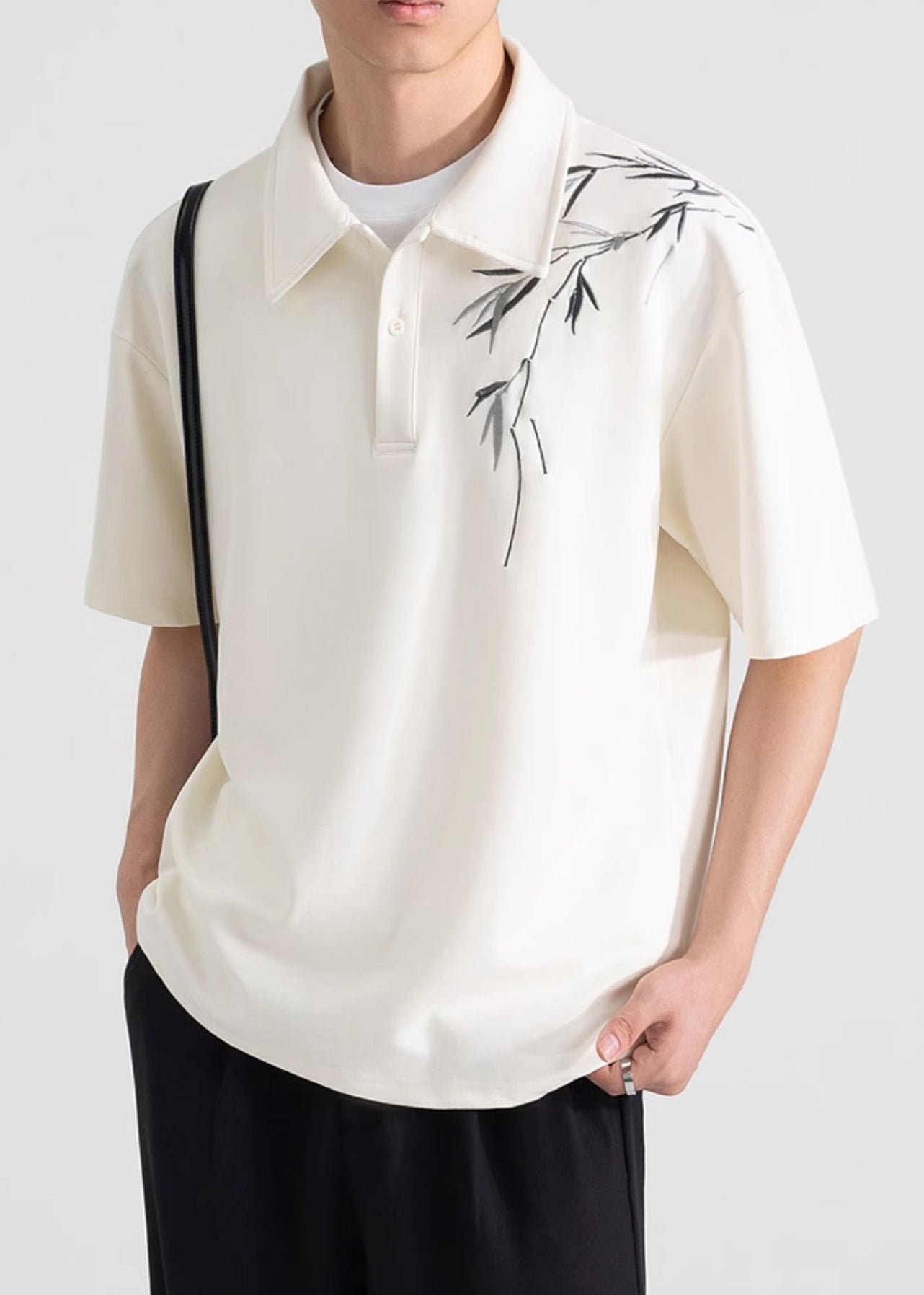 Loose Print Polo Button Apricot Shirt Cotton Mens Summer