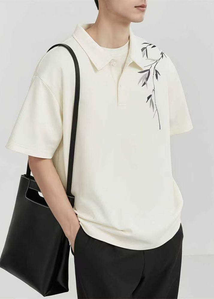 Loose Print Polo Button Apricot Shirt Cotton Mens Summer