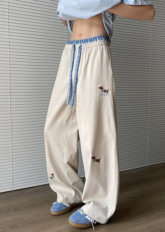 Apricot Loose Cotton Pants Embroideried Mens Drawstring Pockets