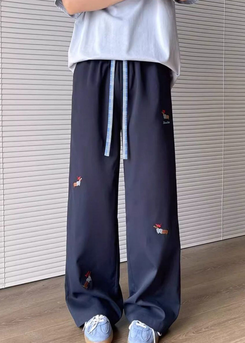 Apricot Loose Cotton Pants Embroideried Mens Drawstring Pockets