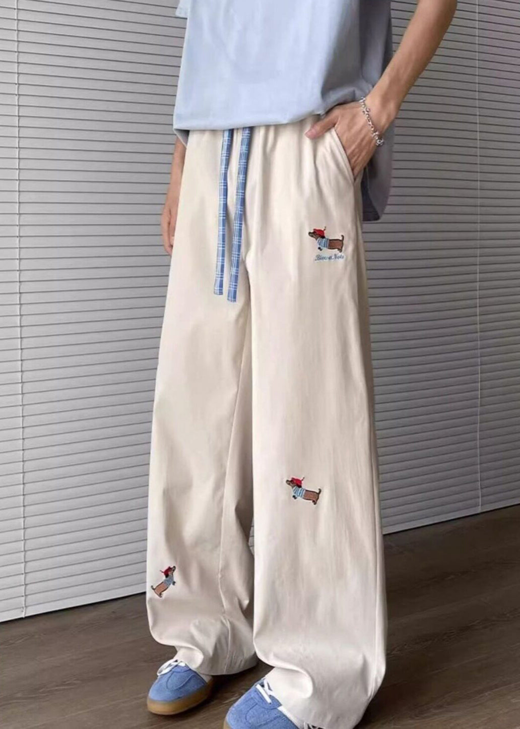 Apricot Loose Cotton Pants Embroideried Mens Drawstring Pockets