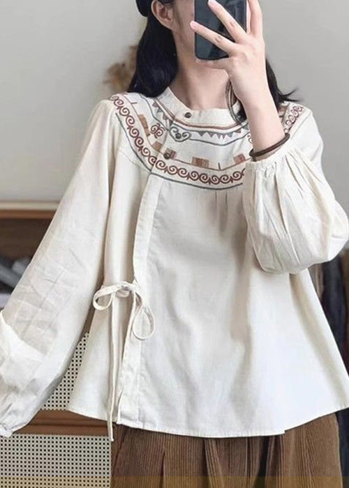 Loose Apricot Lace Up Button Print Cotton Shirt Long Sleeve Ada Fashion