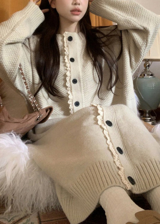 Loose Apricot O Neck Lace Button Patchwork Knit Dress Spring YY016