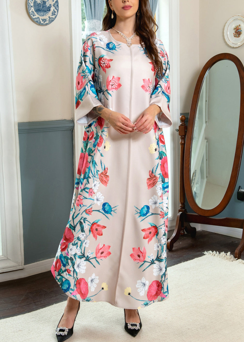 Loose Apricot O Neck Print Cotton Robe Dresses Spring AA1020