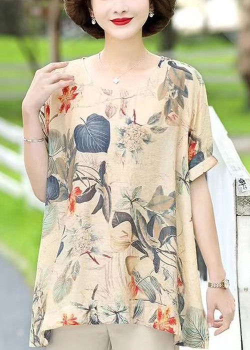 Loose Apricot O Neck Print Cotton T Shirts Short Sleeve OP1010