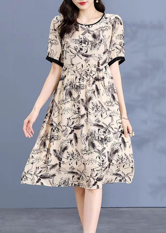 Loose Apricot O Neck Print Silk Dress Short Sleeve OP1074