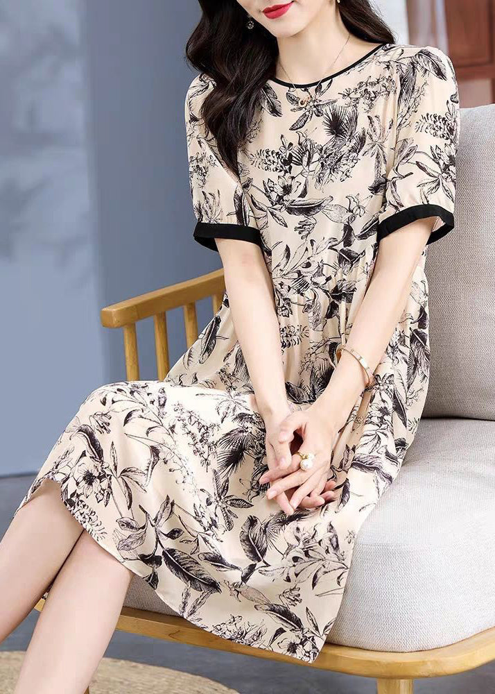 Loose Apricot O Neck Print Silk Dress Short Sleeve OP1074