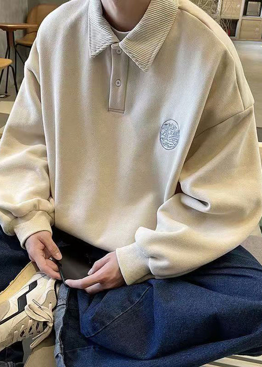 Loose Apricot Peter Pan Collar Button Cotton Men Sweatshirt Spring TC027